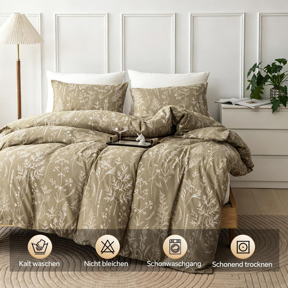 Blumen Bettwäsche Set 135x200 cm, Beige Mikrofaser 4tlg.