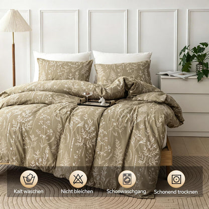 Blumen Bettwäsche Set 135x200 cm, Beige Mikrofaser 4tlg.