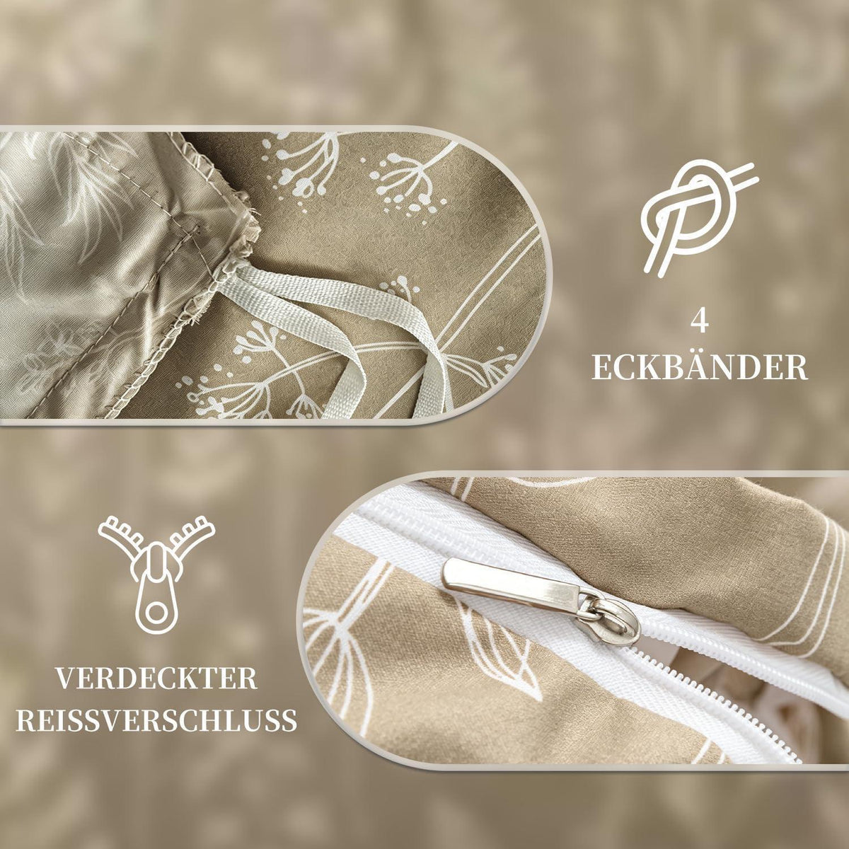 Blumen Bettwäsche Set 135x200 cm, Beige Mikrofaser 4tlg.