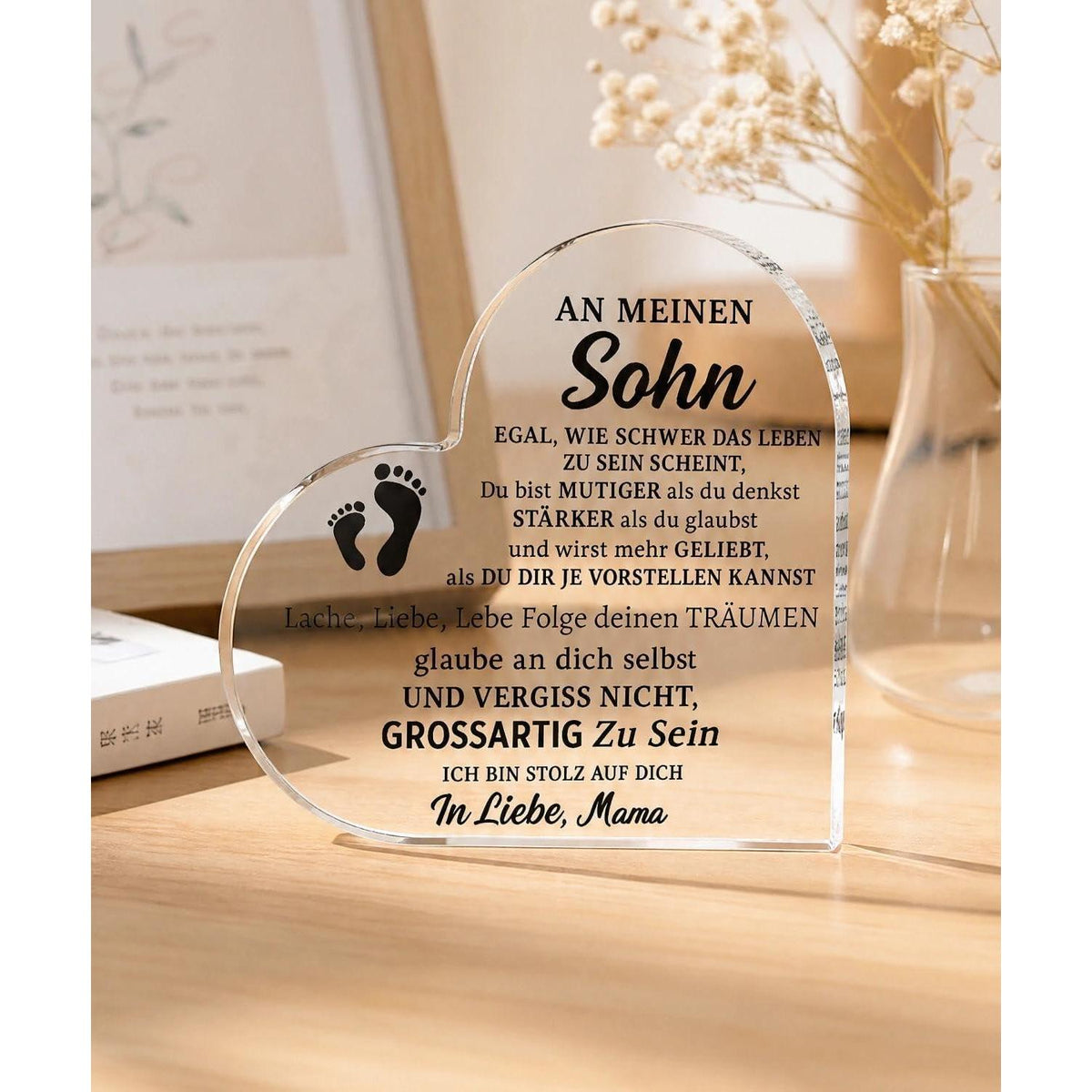 Acryl Herz Deko – Fußspur Geschenk für Sohn mit Botschaft