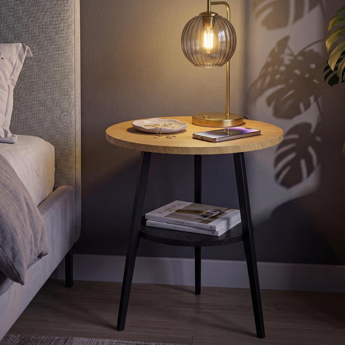 Runder Beistelltisch Eiche | Vintage Couchtisch mit 2 Etagen