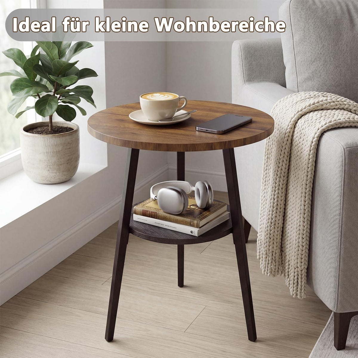 Runder Beistelltisch Vintage Nussbaumoptik mit 2 Etagen