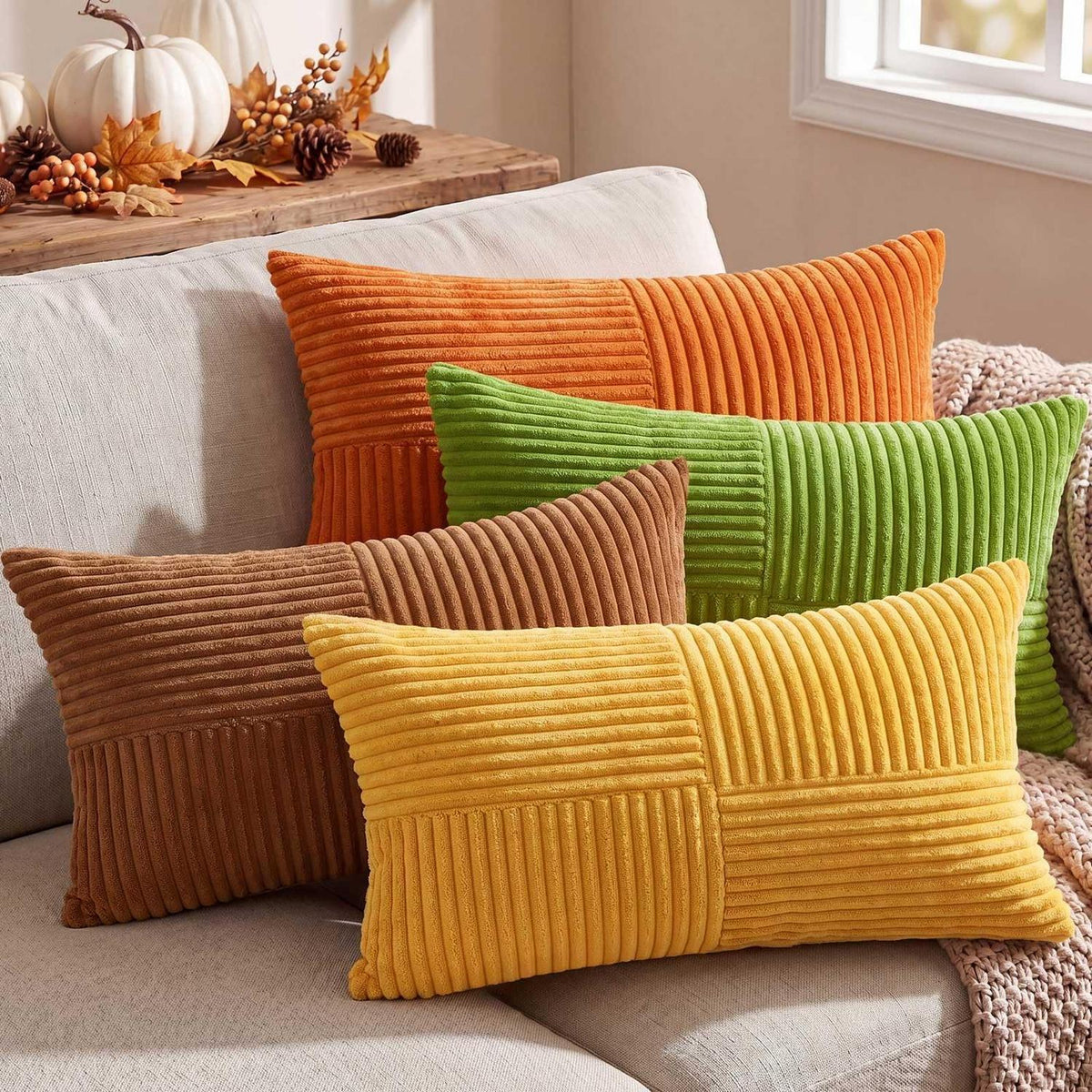4er Set Herbst Kissenbezüge 40x60 cm Gestreift Plüsch