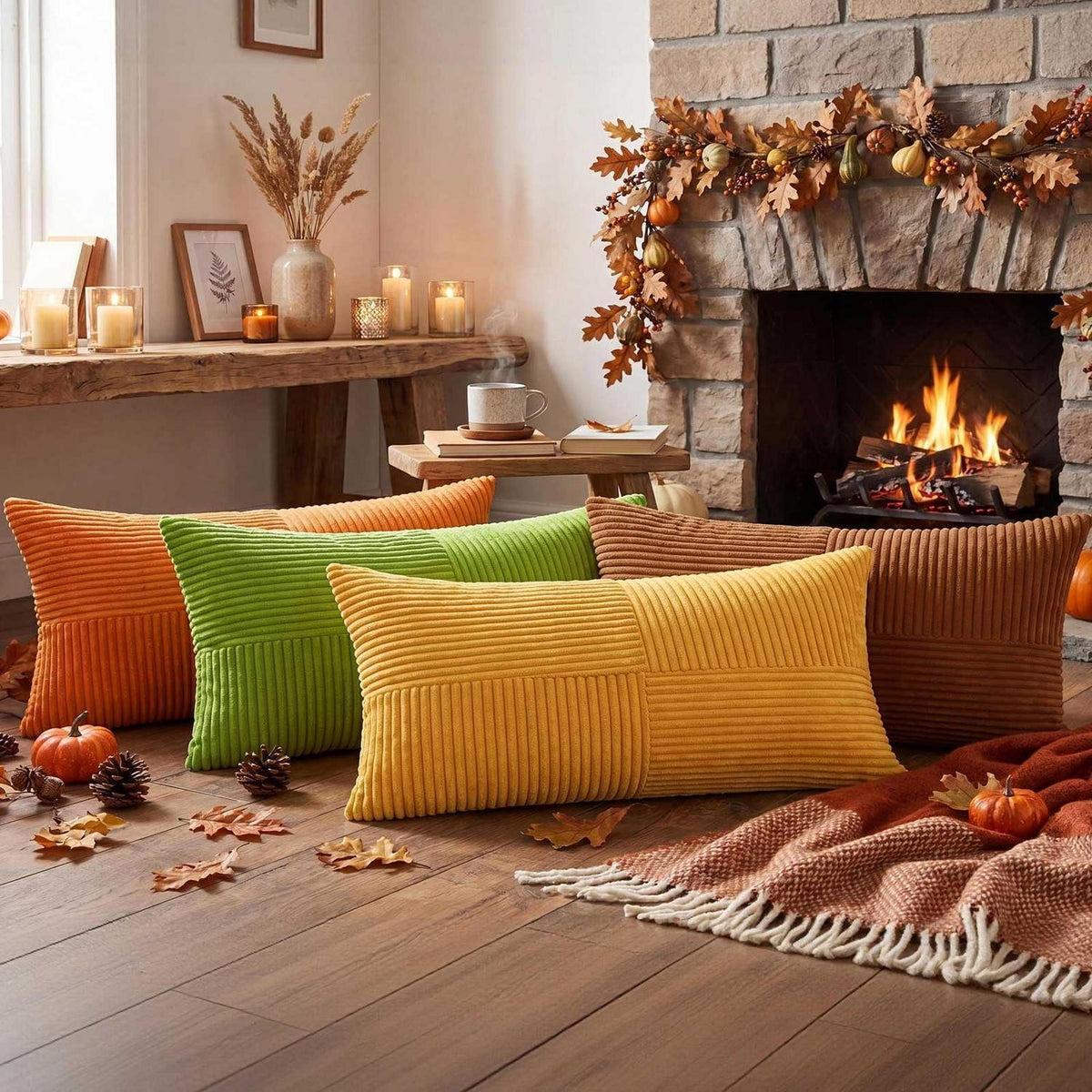 4 Kissenbezüge Herbst 40x80 cm, Gestreift, Boho Deko