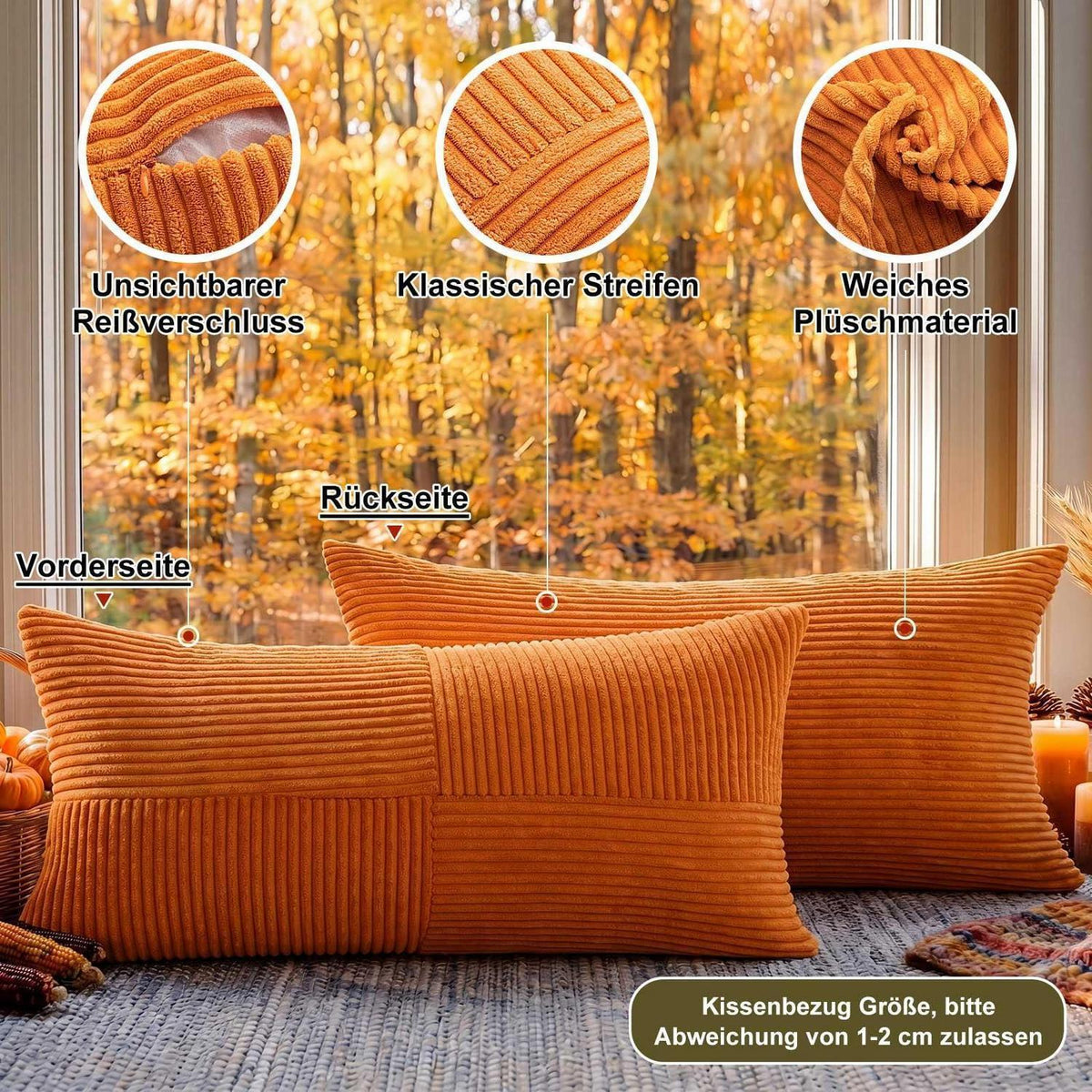 4 Kissenbezüge Herbst 40x80 cm, Gestreift, Boho Deko