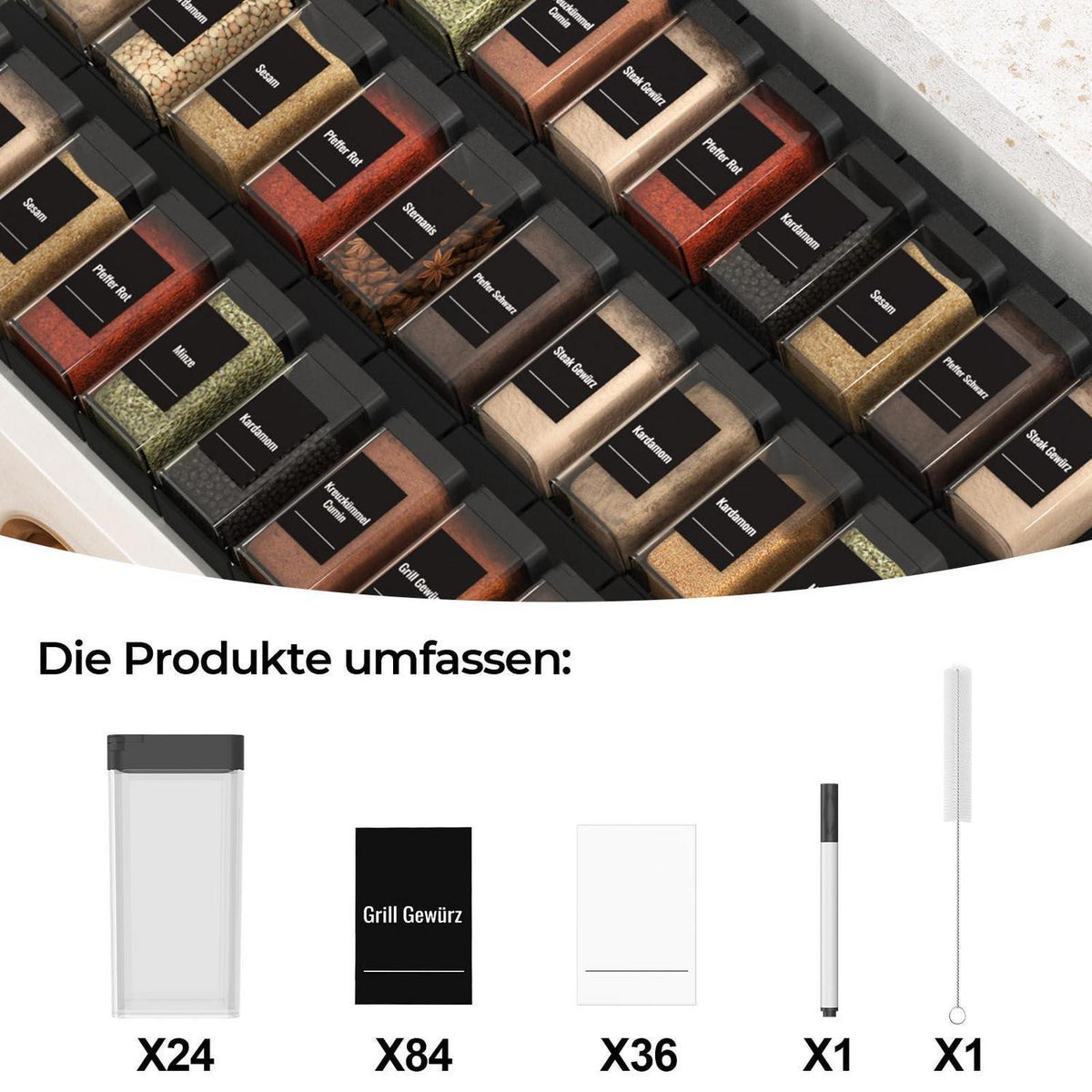 Gewürzgläser Eckig 24er Set 120ml mit Streudeckel & Etiketten