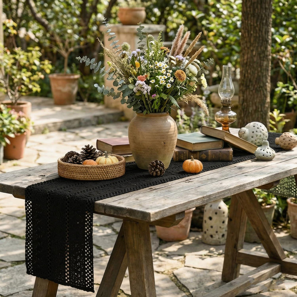 Tischläufer Baumwolle Leinen 30x140cm Schwarz Boho Rustikal