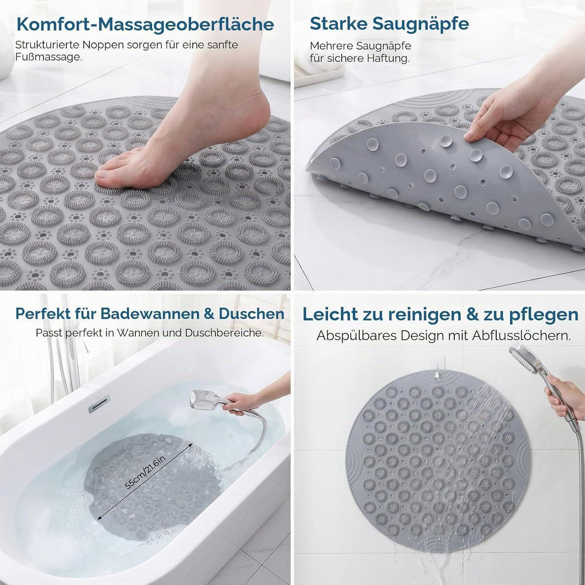 Rutschfeste Duschmatte rund, Grau – Sicher & Komfortabel