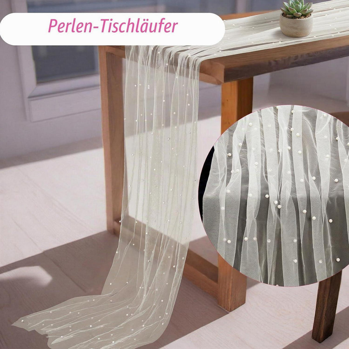Tischläufer Tüll mit Perlen 75x300cm Beige – Romantische Tischdeko