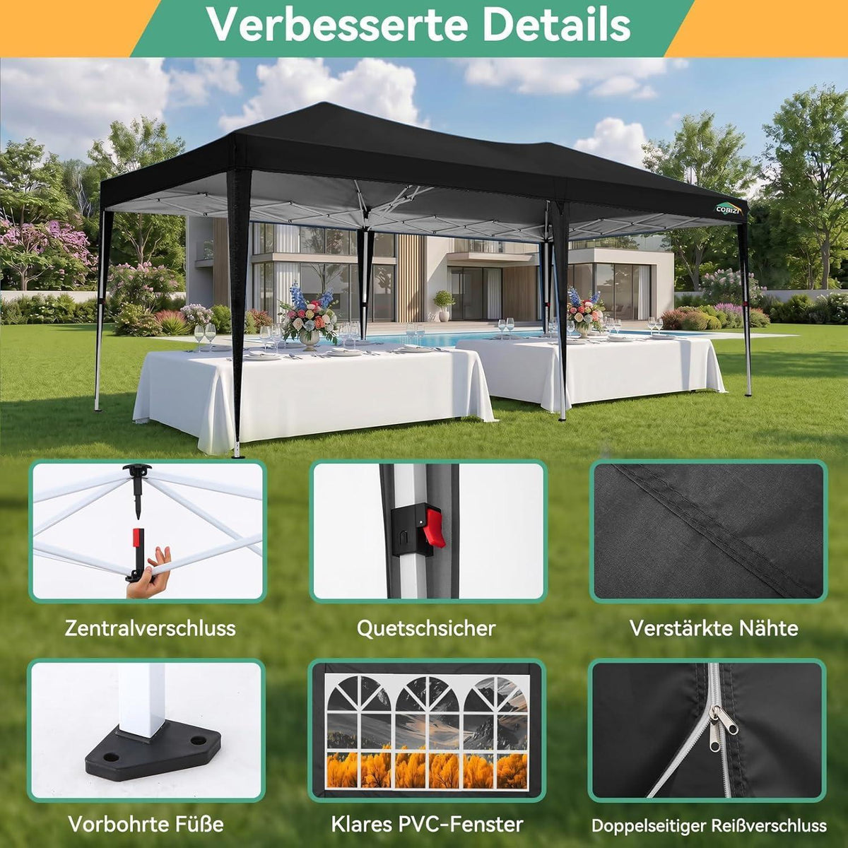 Faltpavillon 3x6 Wasserdicht mit 6 Seitenwänden – Partyzelt & Festzelt