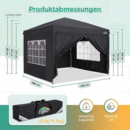 Faltpavillon 3x3 Wasserdicht mit Seitenwänden – Partyzelt & Festzelt