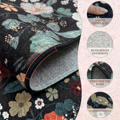 Waschbarer Teppich Schwarz 120x180cm Blumenmuster Boho Wohnzimmer