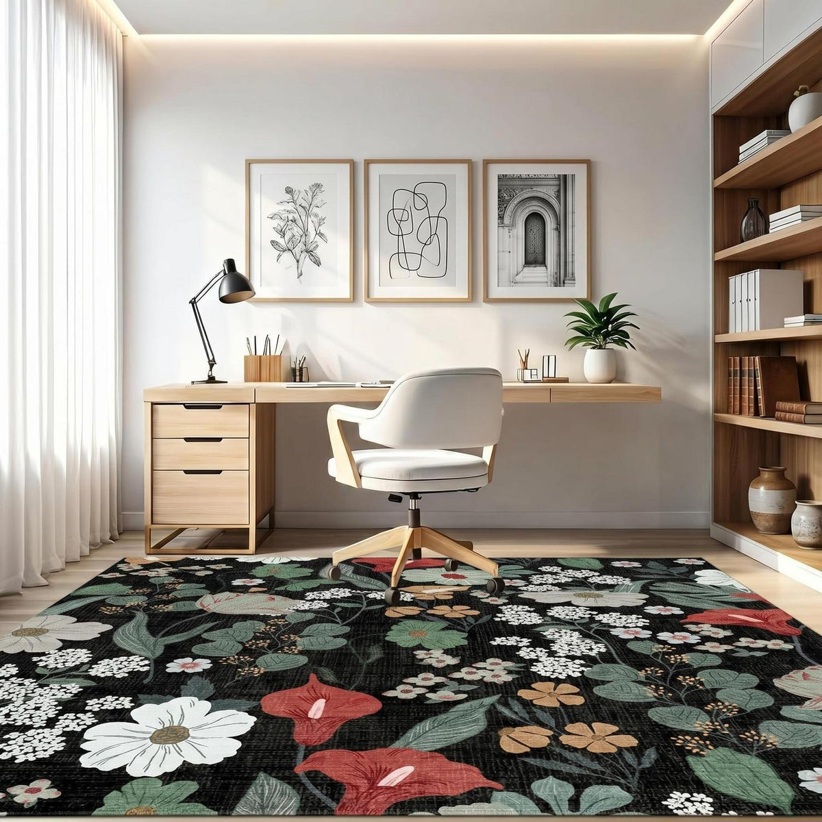Waschbarer Teppich Schwarz 120x180cm Blumenmuster Boho Wohnzimmer