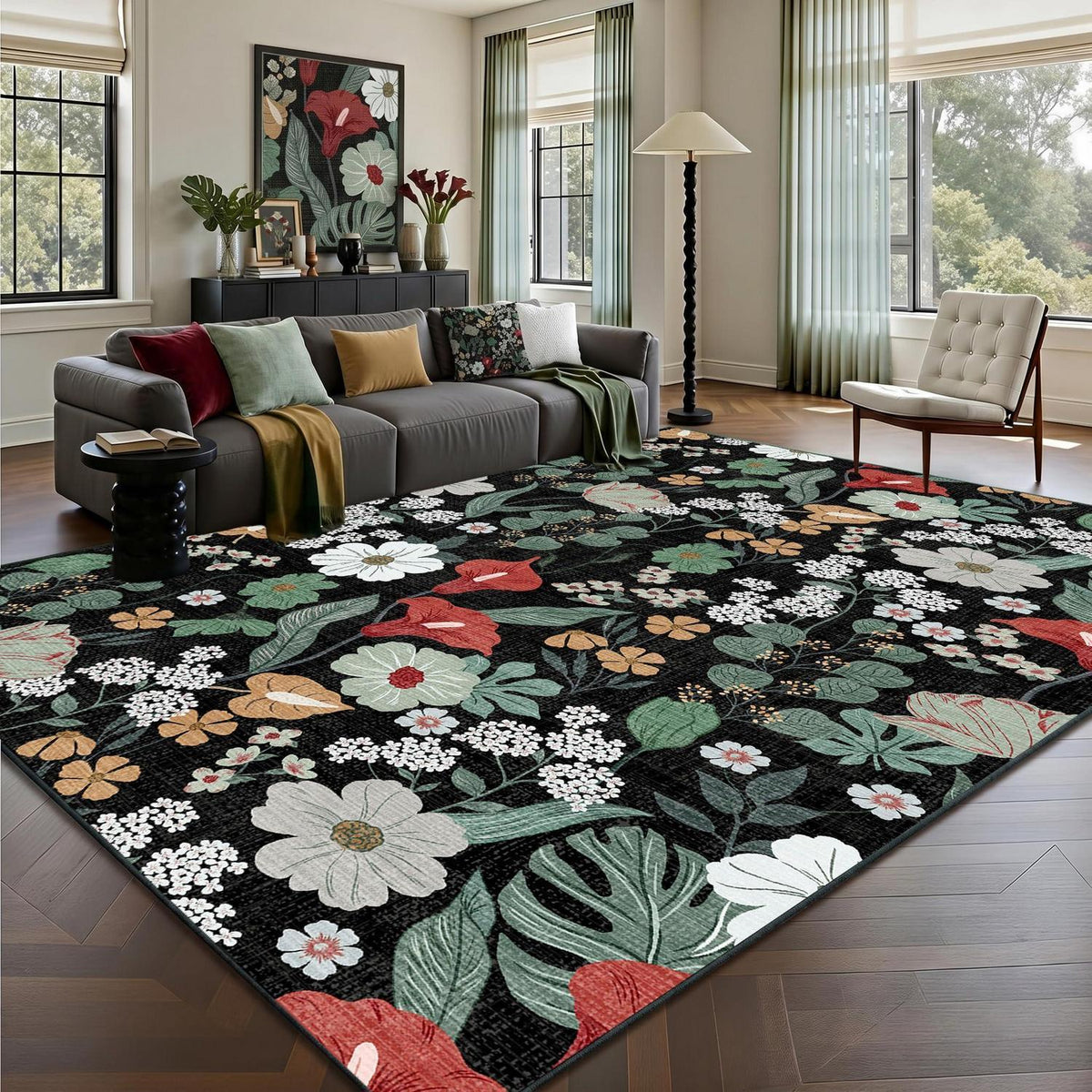 Schwarzer Boho Teppich 200x300 cm | Waschbar & Rutschfest