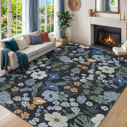 Blauer Vintage Blumen Teppich 160x230cm Waschbar & Rutschfest
