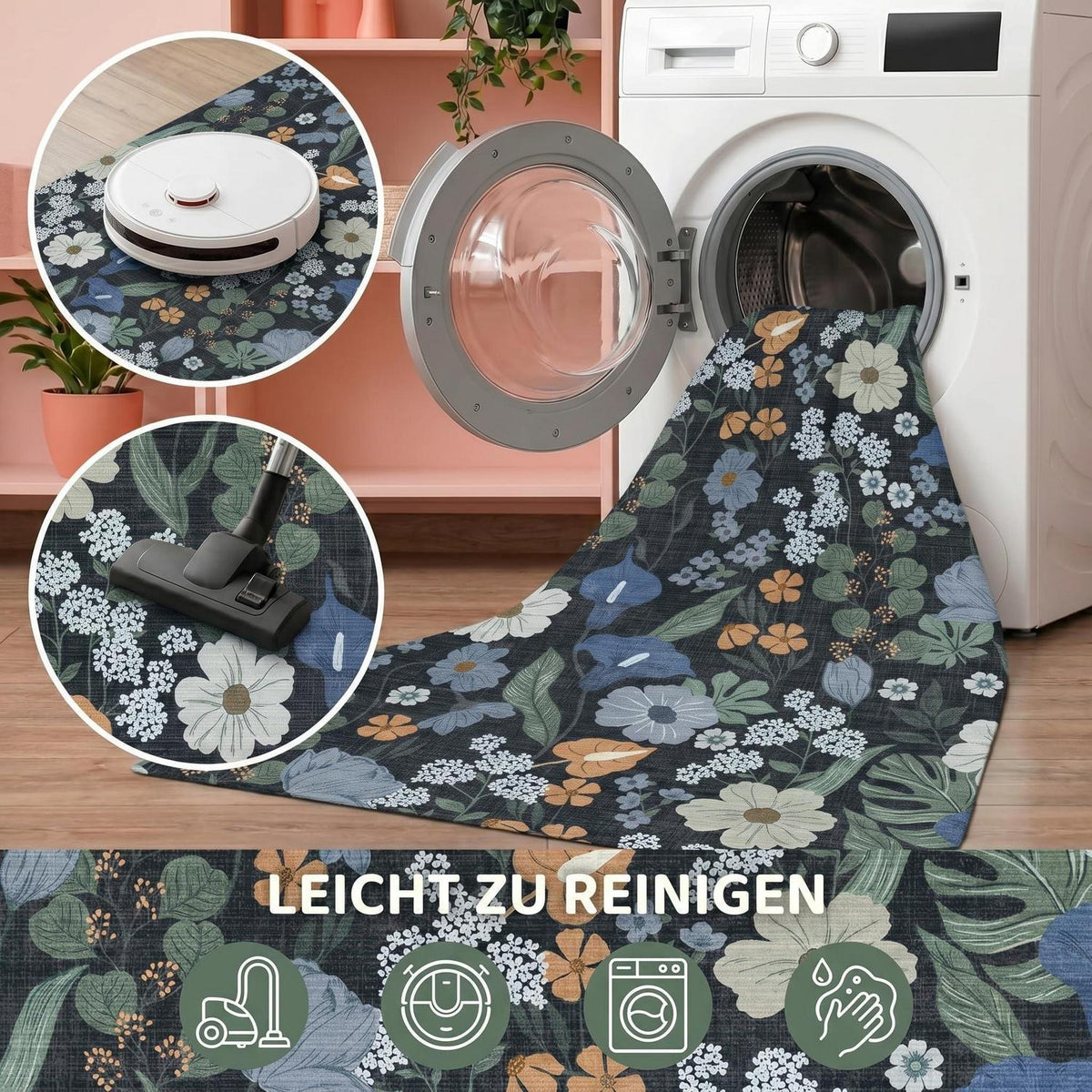 Blauer Vintage Blumen Teppich 160x230cm Waschbar & Rutschfest