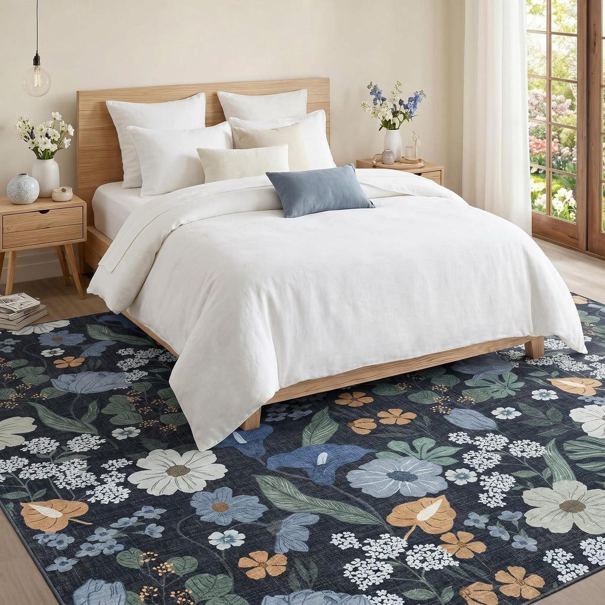 Blauer Vintage Blumen Teppich 160x230cm Waschbar & Rutschfest