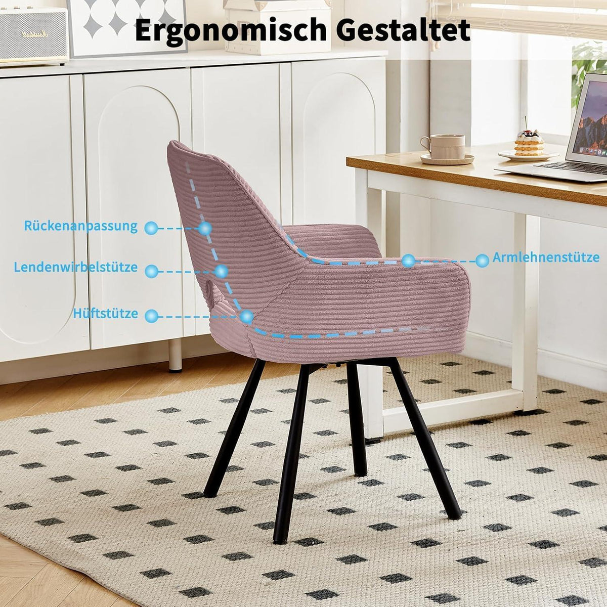 360° Drehbarer Esszimmerstuhl mit Armlehnen & Cordbezug
