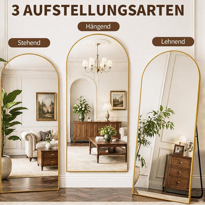 Gewölbter Standspiegel 180x71cm – Goldener Ganzkörperspiegel mit Ständer