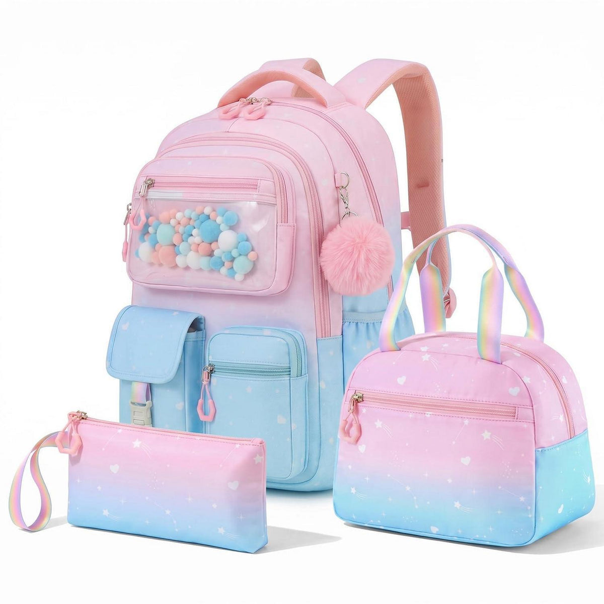 3-tlg. Schulrucksack Set Mädchen Hellblau – Rucksack, Lunchbag & Federmäppchen