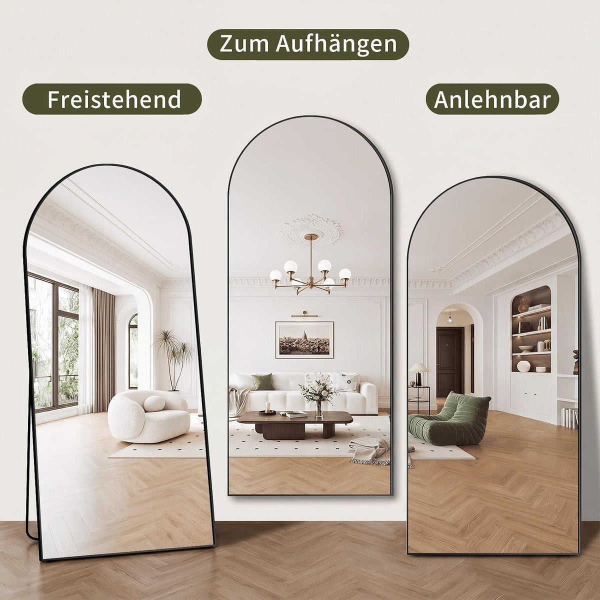 Ganzkörperspiegel 218x102cm – Gewölbt, Stand & Wand, Schwarz