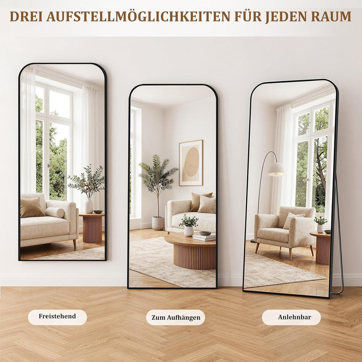 Ganzkörperspiegel 192x85cm Standspiegel mit Aluminiumrahmen Schwarz
