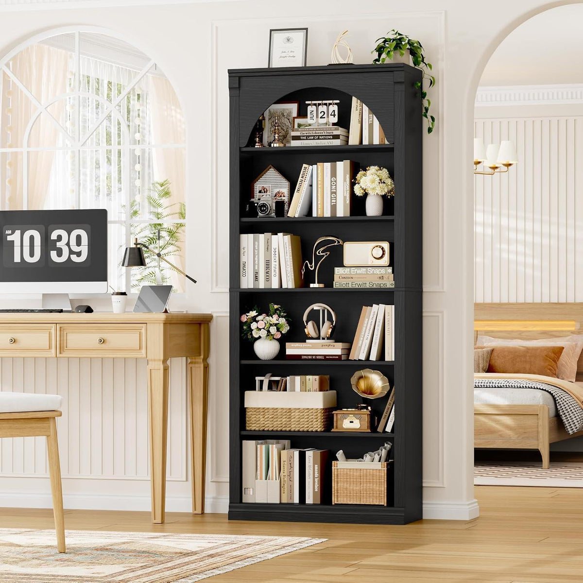 Bücherregal 75 cm | Gewölbter Schrank mit 6 Fächern, Schwarz