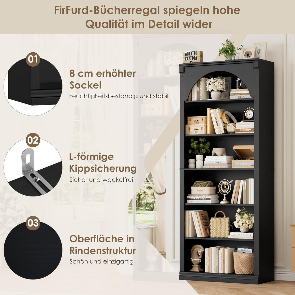 Bücherregal 75 cm | Gewölbter Schrank mit 6 Fächern, Schwarz
