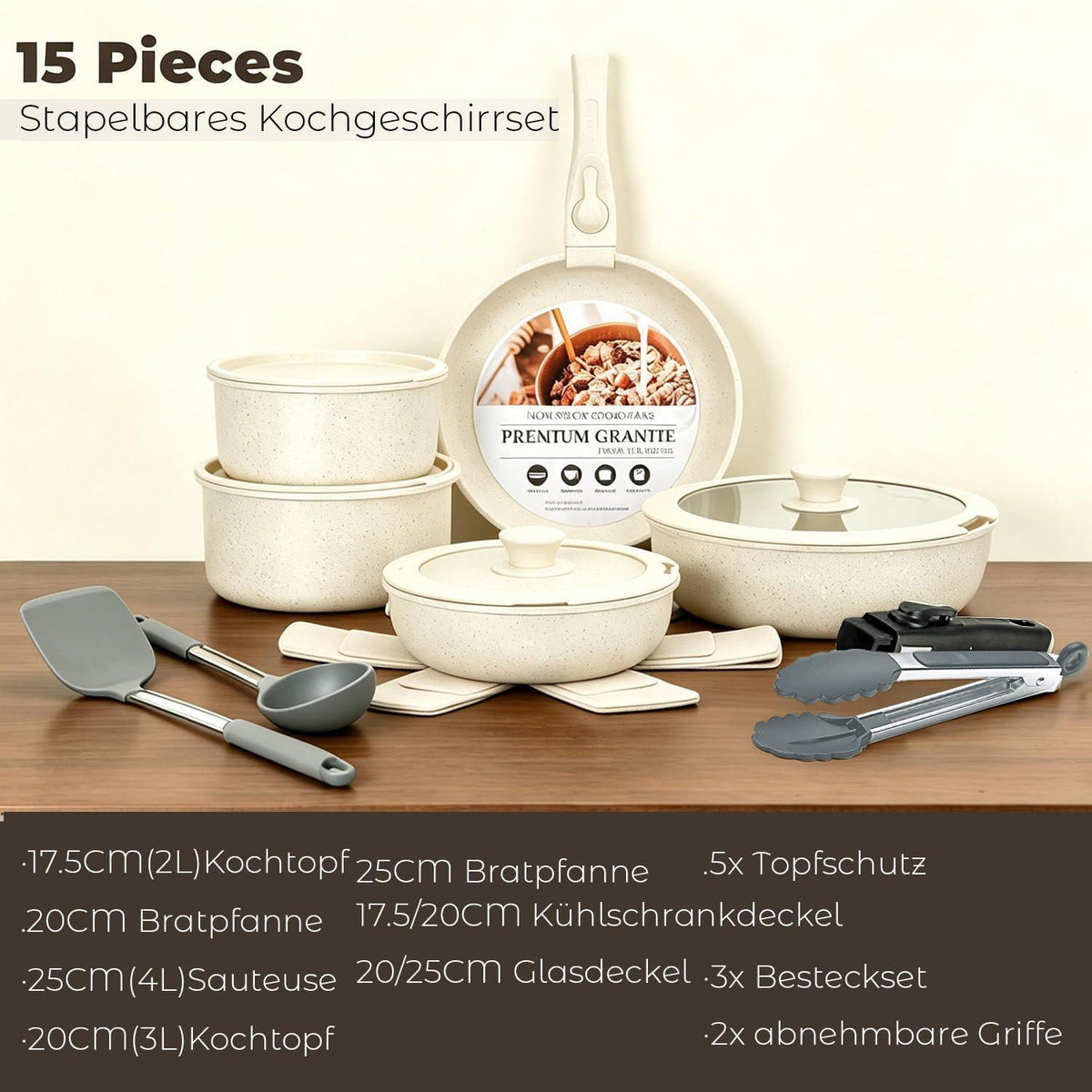 18-teiliges Granit Kochgeschirr Set mit abnehmbaren Griffen
