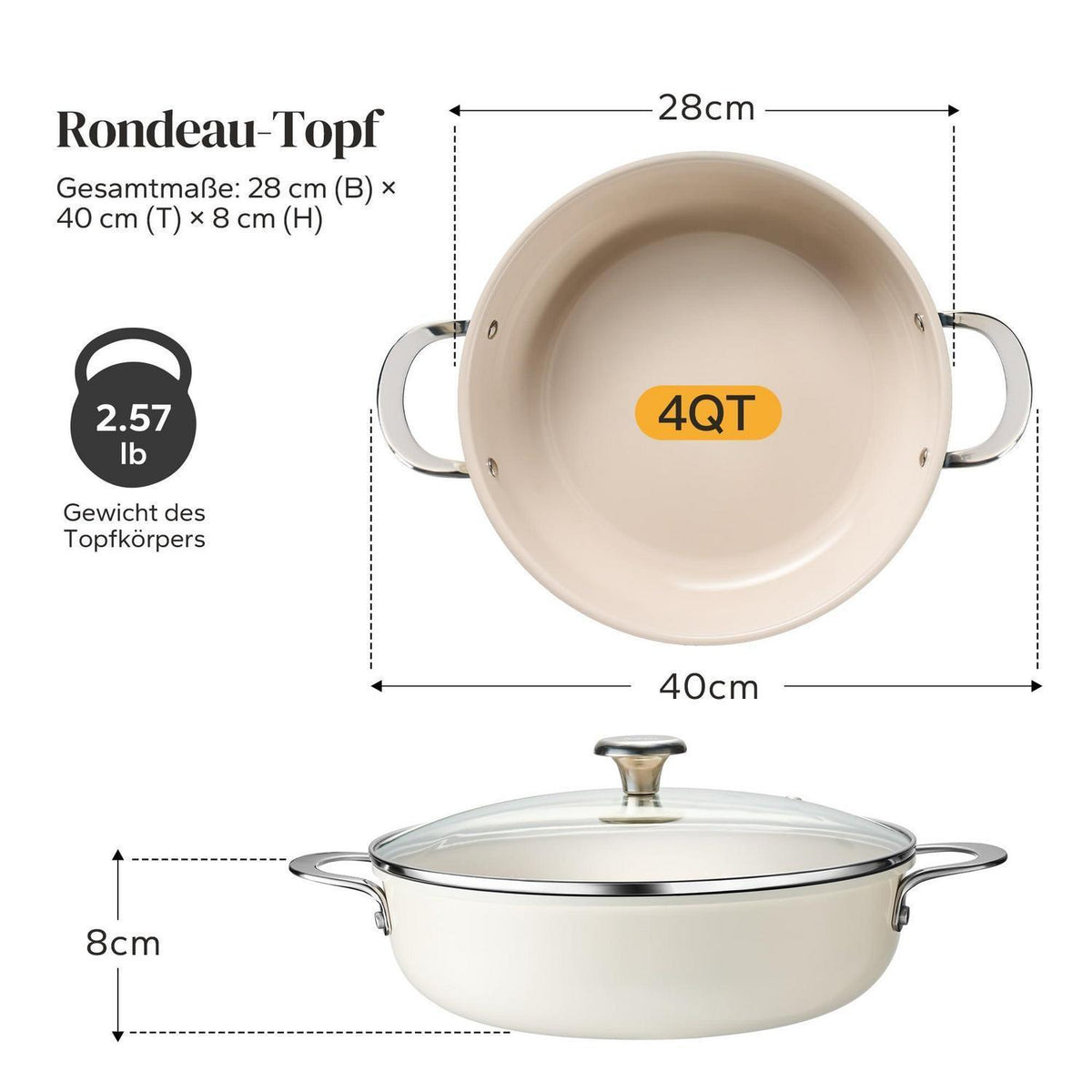 Schmorpfanne 28cm mit Deckel – Antihaft Keramik, 3,85L