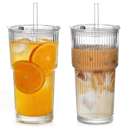 2 Glas Trinkbecher mit Deckel & Strohhalm – 600ml
