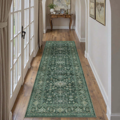 Vintage Teppichläufer Grün 60x240cm - Flur Läufer Retro Design