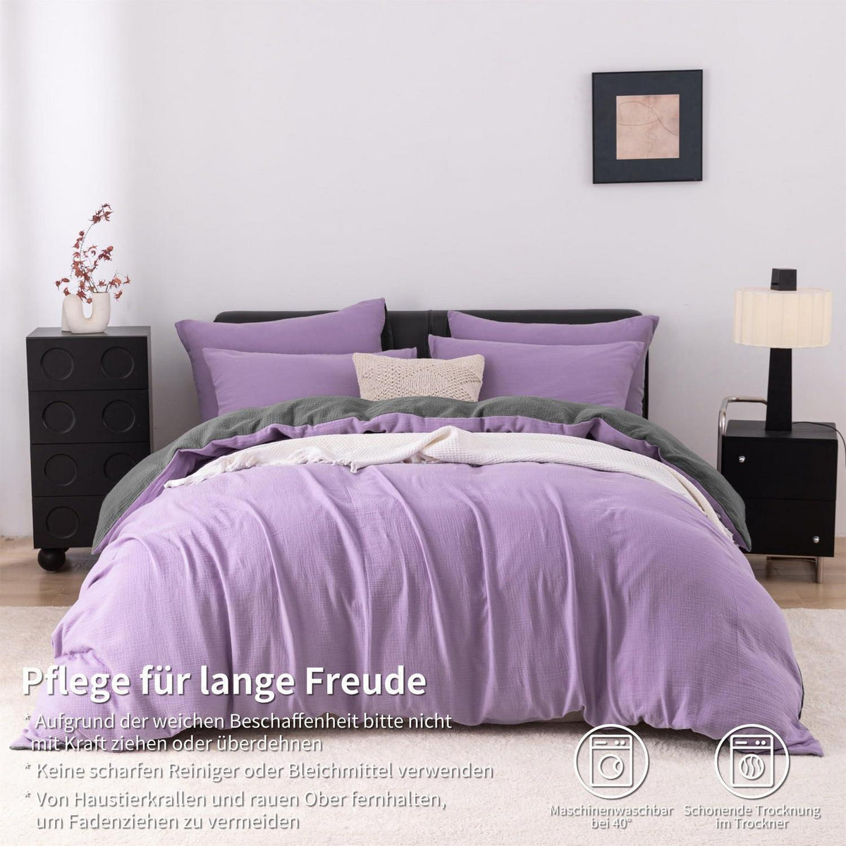 Doppelte Muslin Bettwäsche Lila Grau 200x200 - 3-teilig