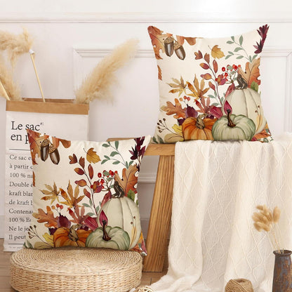 Herbst Kissenbezug 50x50 cm - 2er Set mit Kürbis & Blatt Muster