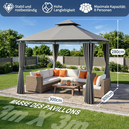 3x3m Gartenpavillon mit Seitenwänden – Robust & Winddicht