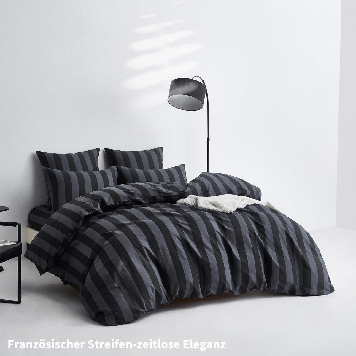 Baumwoll Bettwäsche Set 220x240 Dunkelgrau Gestreift 3-teilig
