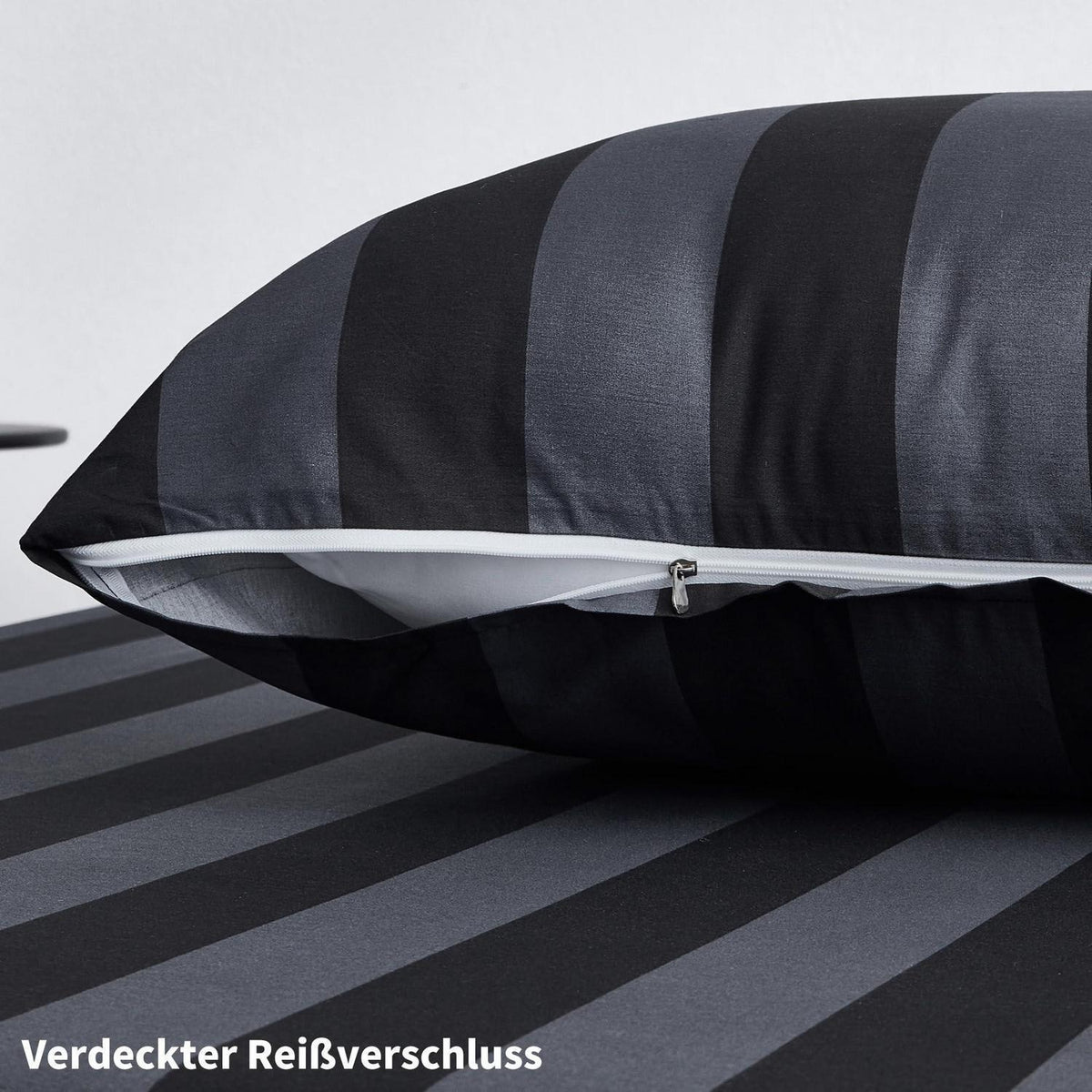 Baumwoll Bettwäsche Set 220x240 Dunkelgrau Gestreift 3-teilig