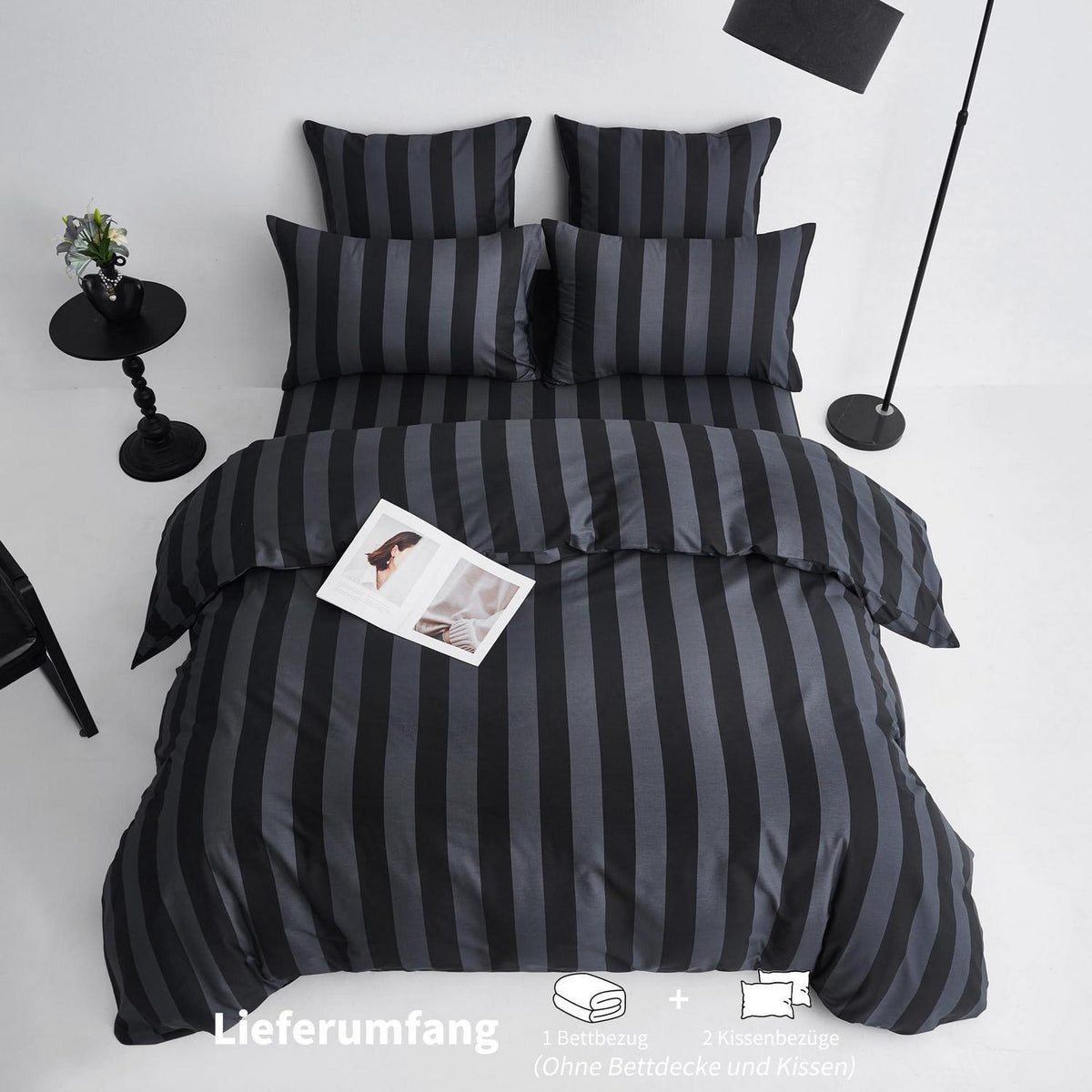 Baumwoll Bettwäsche Set 220x240 Dunkelgrau Gestreift 3-teilig