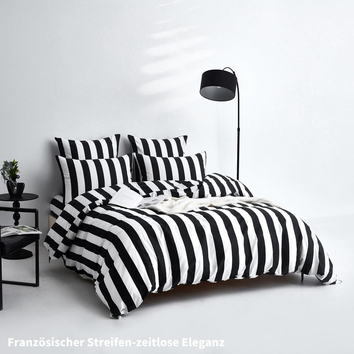 Bettwäsche Set 200x200 Baumwolle Schwarz Weiß Gestreift