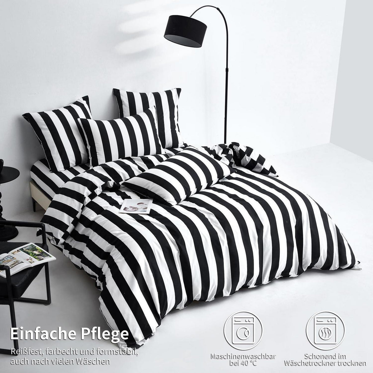 Bettwäsche Set 200x200 Baumwolle Schwarz Weiß Gestreift