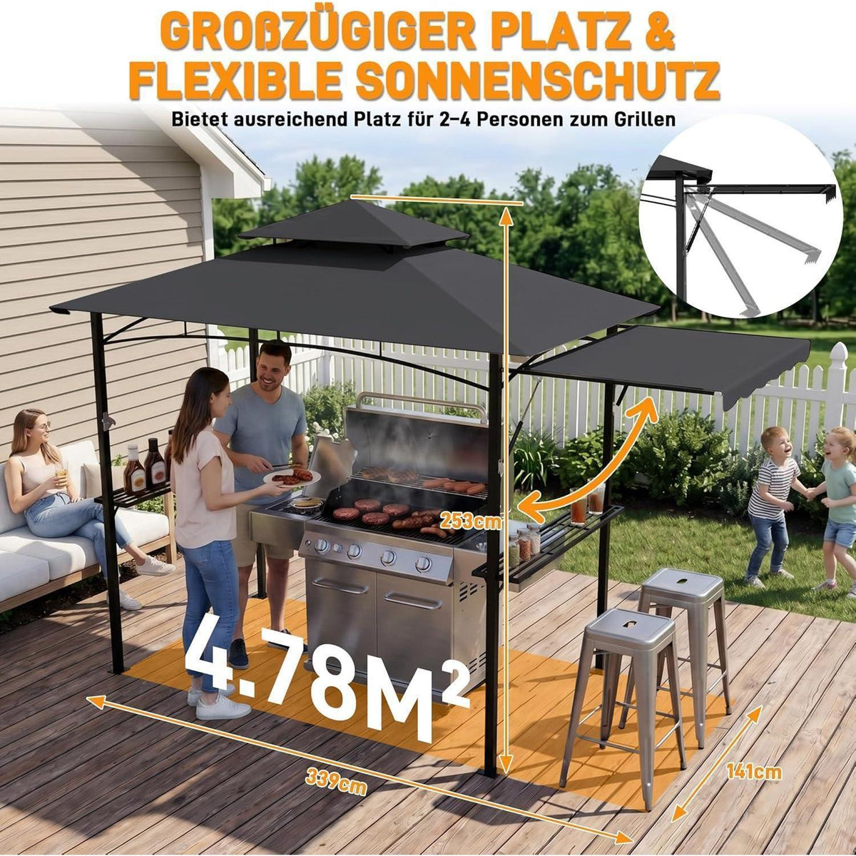 Grillpavillon mit Seitenmarkise & Doppeldach – Grau