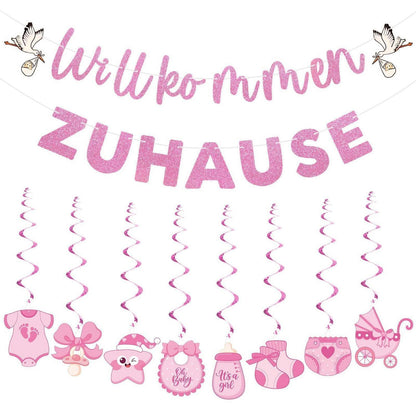 Willkommen Zuhause Baby Mädchen Deko Set Rosa Girlande & Spiralen