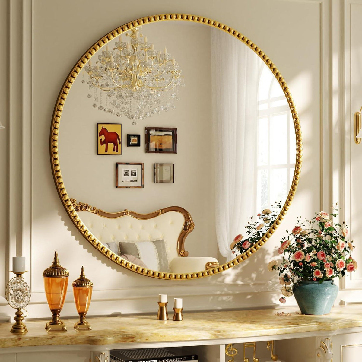 Runder Wandspiegel 90cm mit Gold Perlenrahmen – Retro Deko Spiegel