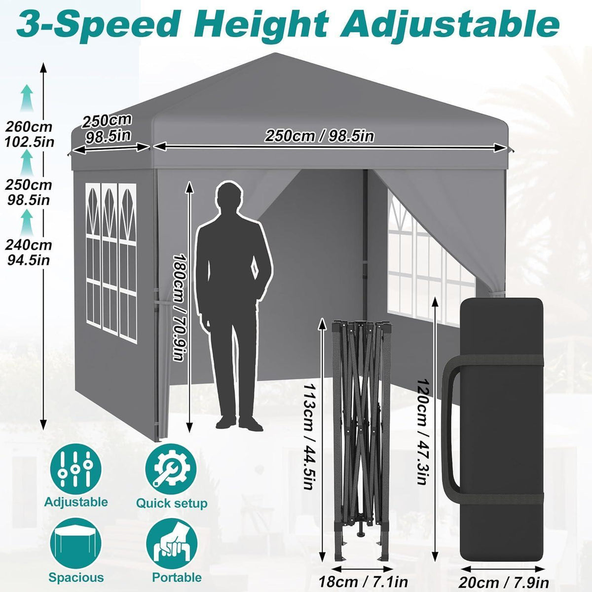 Faltpavillon 2.5x2.5 Wasserdicht & Stabil mit Seitenwänden