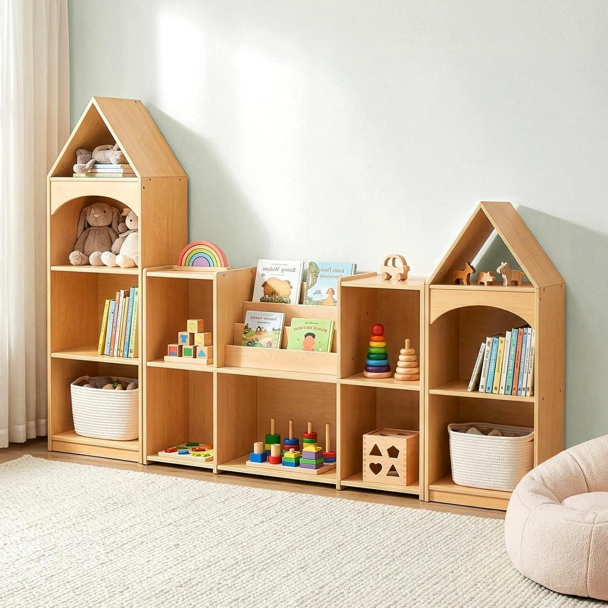 Kinder Bücherregal Holz 4 Etagen – Hausform für Spielzimmer