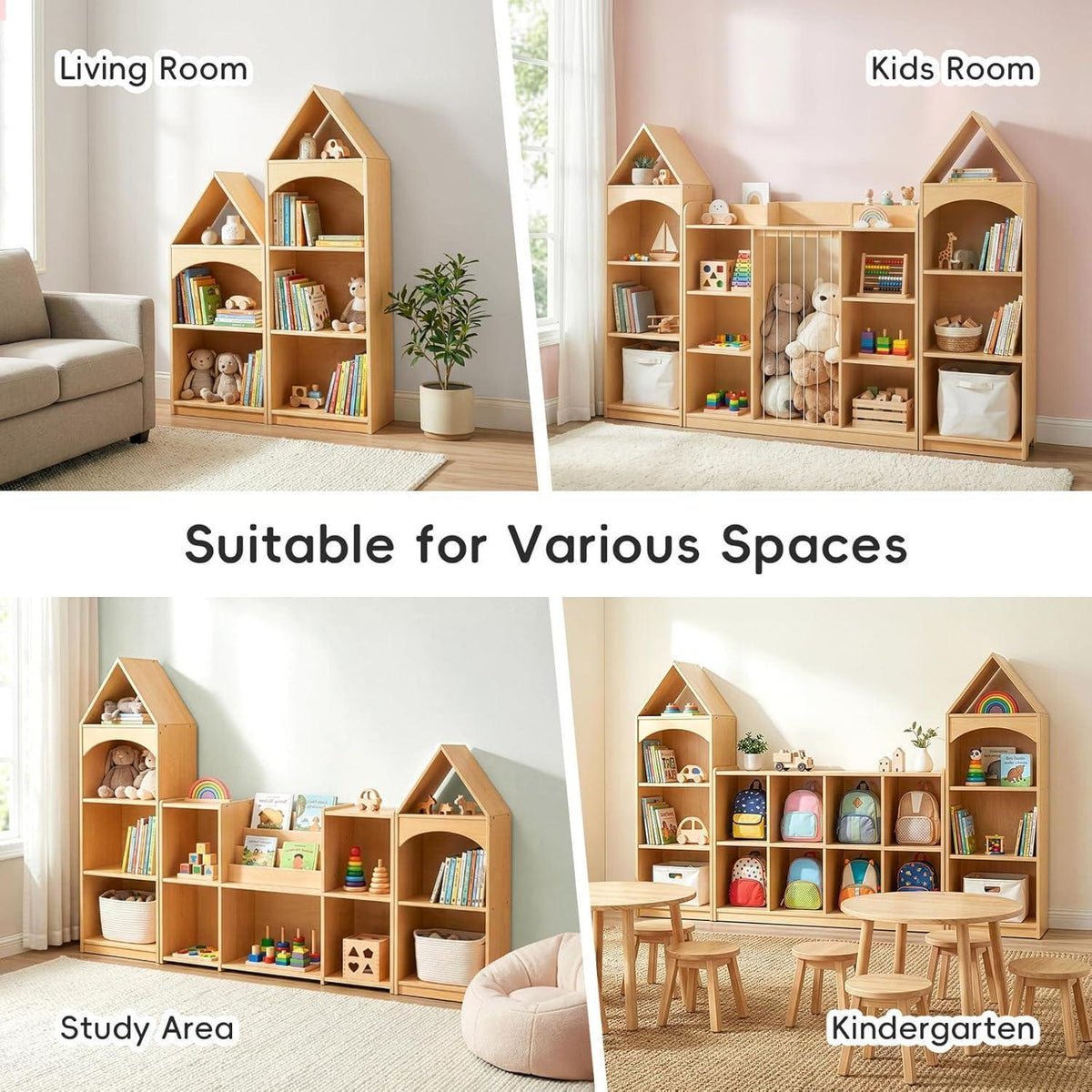 Kinder Bücherregal Holz 4 Etagen – Hausform für Spielzimmer