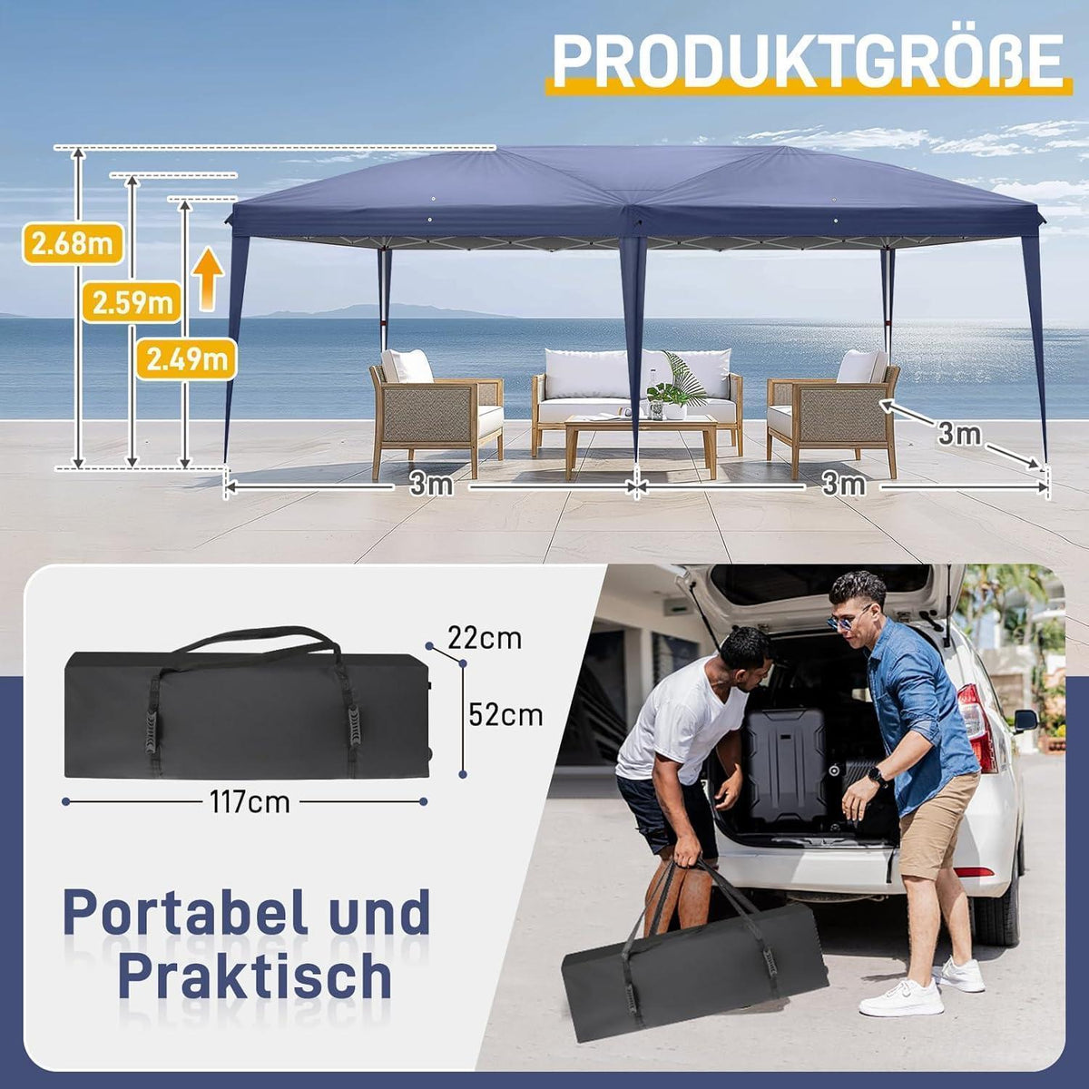Faltpavillon 3x6m mit Seitenteilen – Wetterfest & Höhenverstellbar