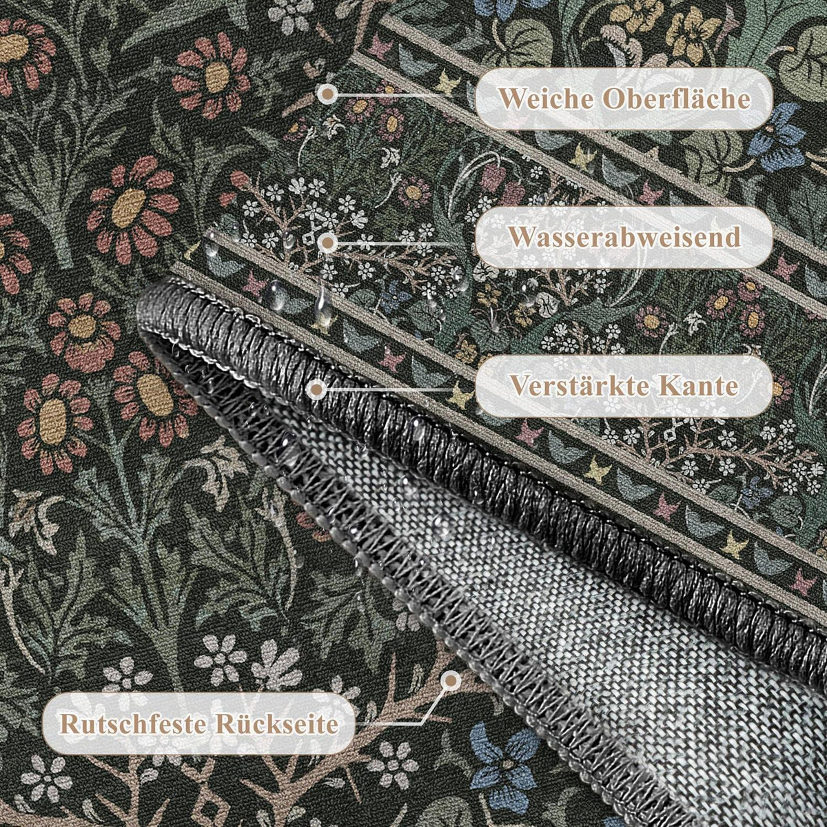 Vintage Teppich Grün 200x300cm - Waschbarer Wohnzimmerteppich