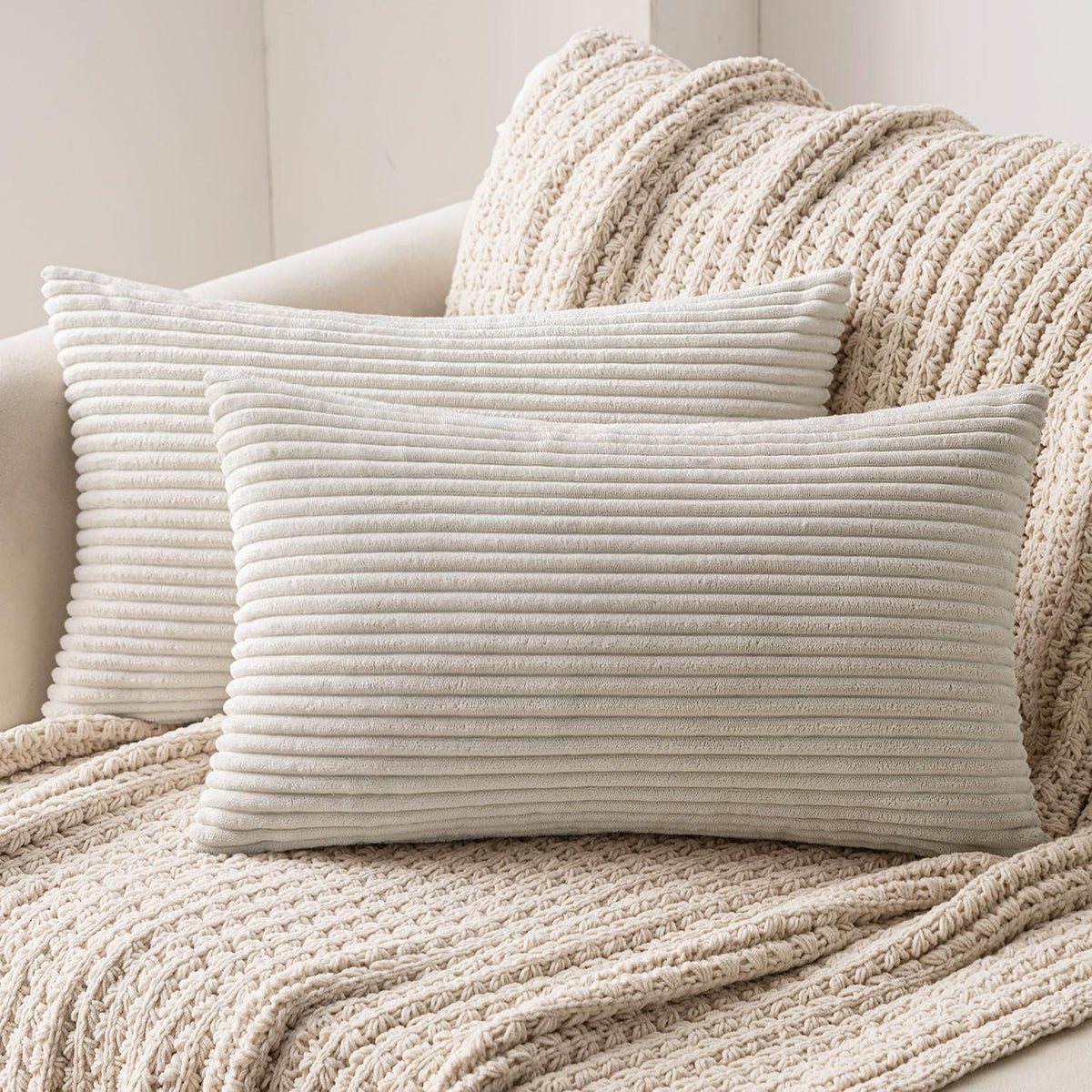 Gestreifter Kissenbezug 50x30cm Kordsamt Beige 2er Set