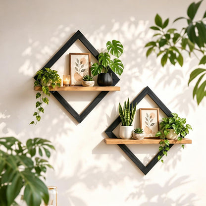 Wandregal im Rauten-Design aus Holz, Boho Stil